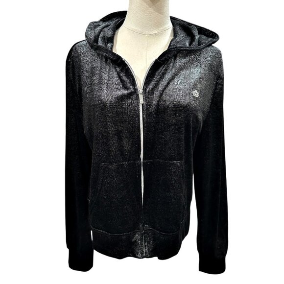 Juicy Couture Zip Hoodie Black Size XL Shiny Shimmery Velour Track Jacket Y2K - Picture 1 of 9